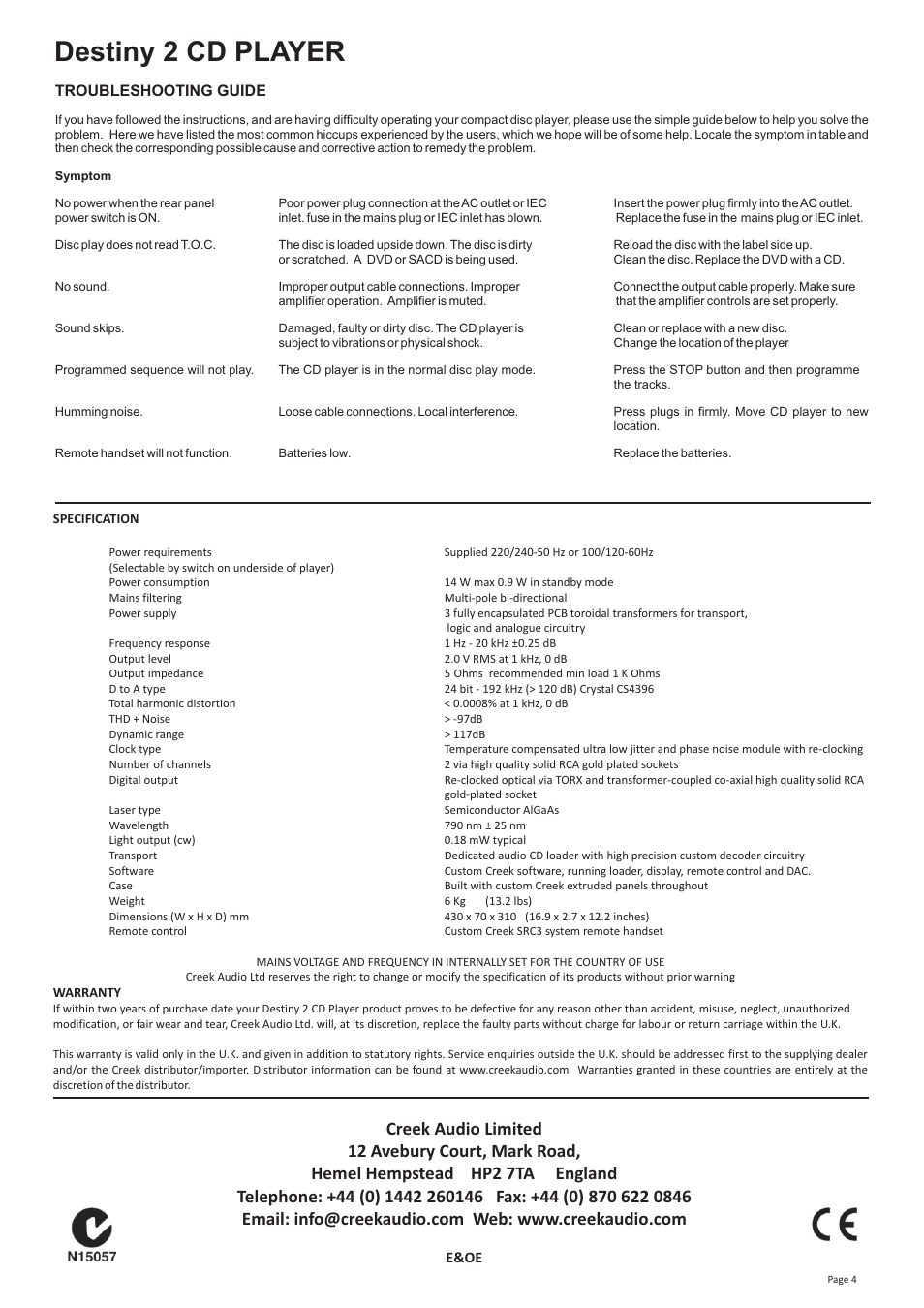 Destiny 2 cd player | Creek Audio Destiny 2 User Manual | Page 4 / 4