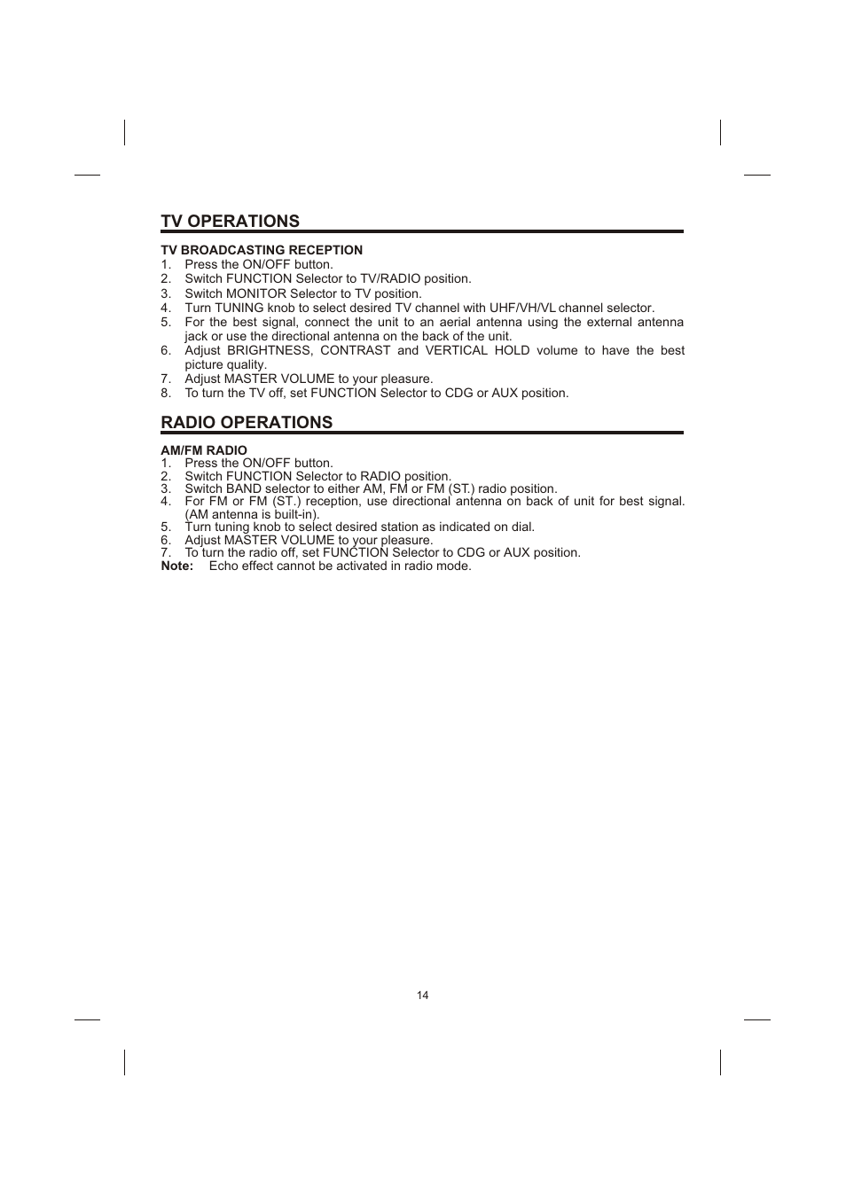 Tv operations, Radio operations | Creek Audio STVG-989 User Manual | Page 15 / 24