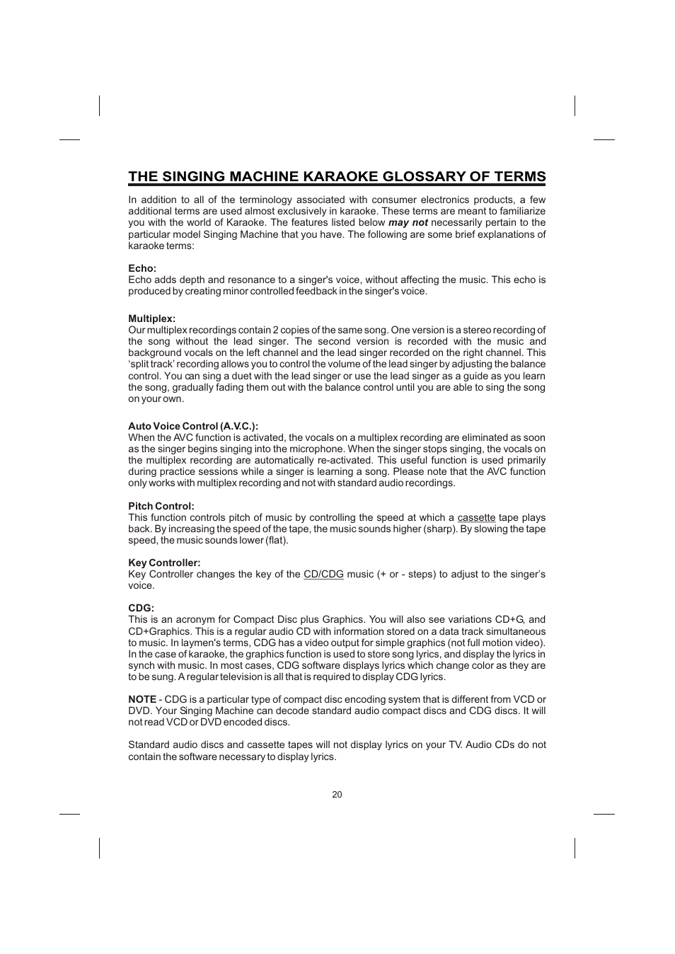 The singing machine karaoke glossary of terms | Creek Audio STVG-989 User Manual | Page 21 / 24