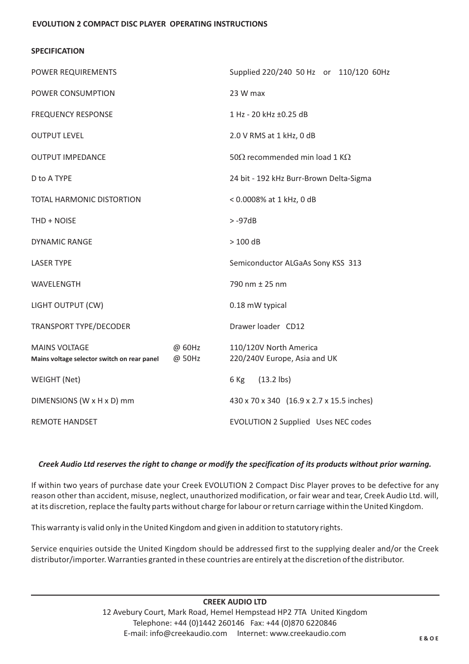 Creek Audio Evolution 2 User Manual | Page 4 / 4