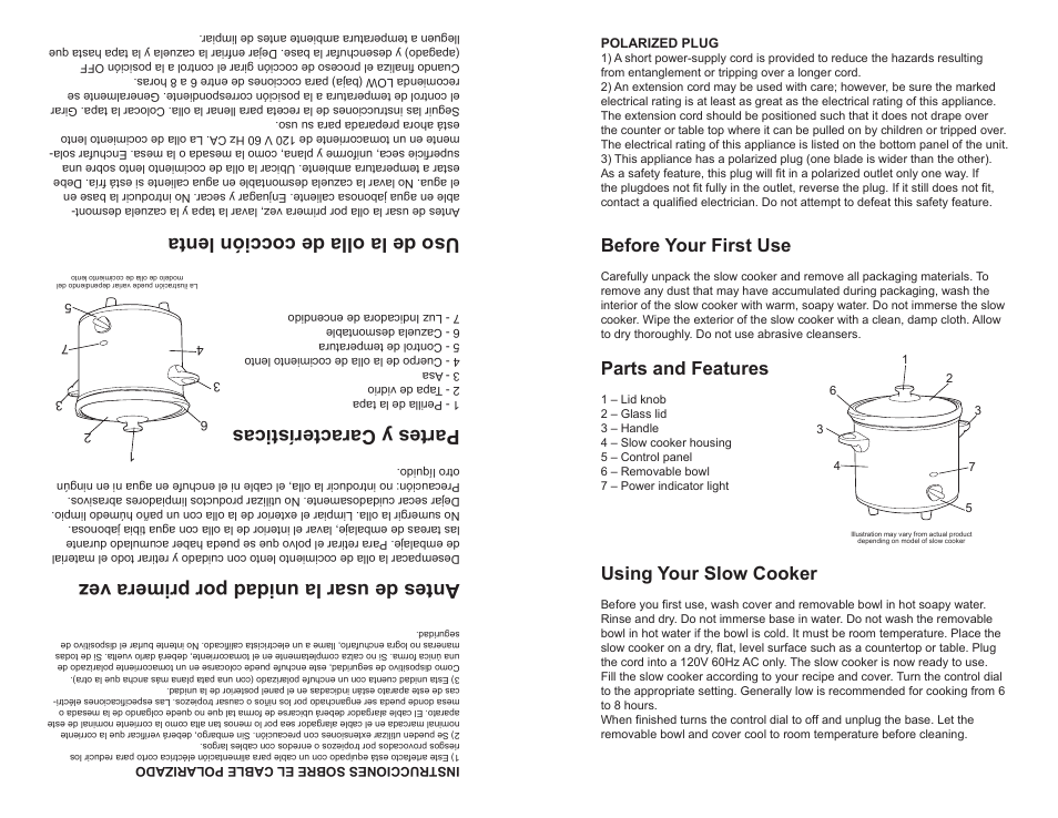 Antes de usar la unidad por primera vez, Partes y características, Uso de la olla de cocción lenta | Before your first use, Parts and features, Using your slow cooker | Continental Electric CE33341 User Manual | Page 3 / 8