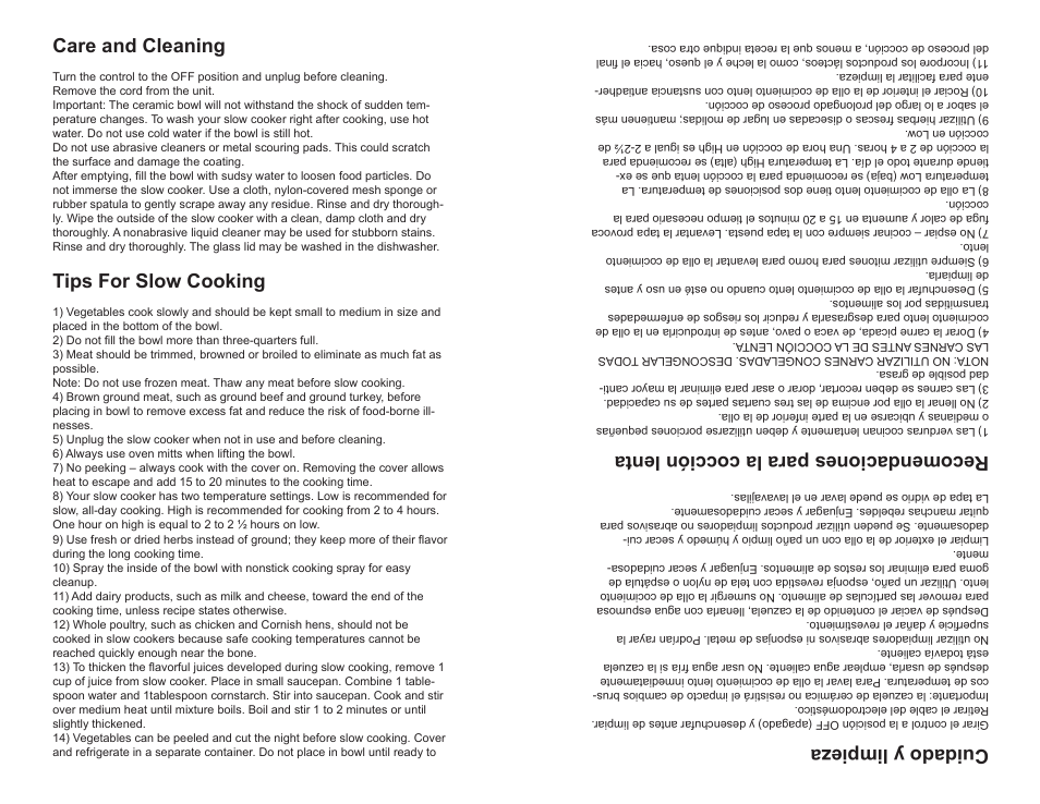 Care and cleaning, Tips for slow cooking, Cuidado y limpieza | Recomendaciones para la cocción lenta | Continental Electric CE33341 User Manual | Page 4 / 8