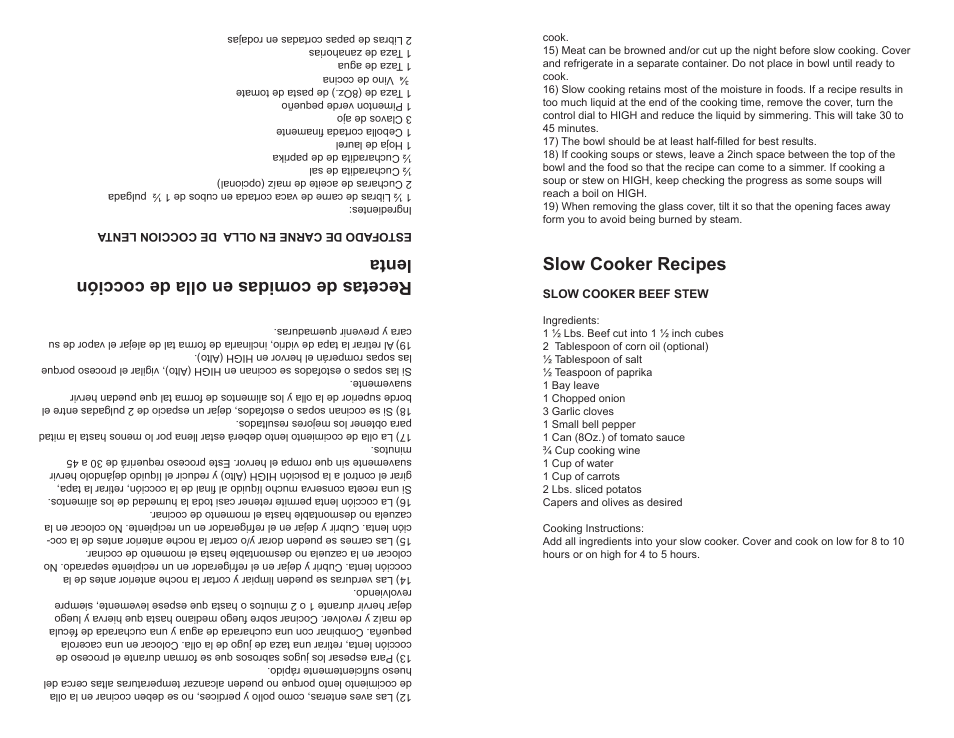 Slow cooker recipes, Recetas de comidas en olla de cocción lenta | Continental Electric CE33341 User Manual | Page 5 / 8