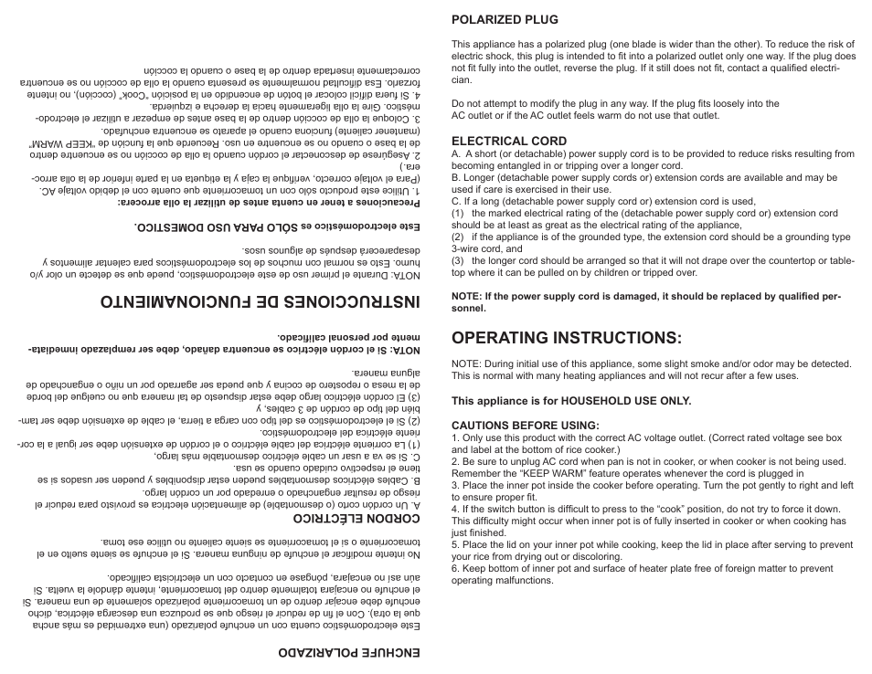 Instrucciones de funcionamiento, Operating instructions | Continental Electric CP43378 User Manual | Page 3 / 8
