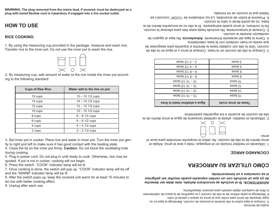 How to use, Cómo utilizar su arrocera | Continental Electric CP43378 User Manual | Page 4 / 8
