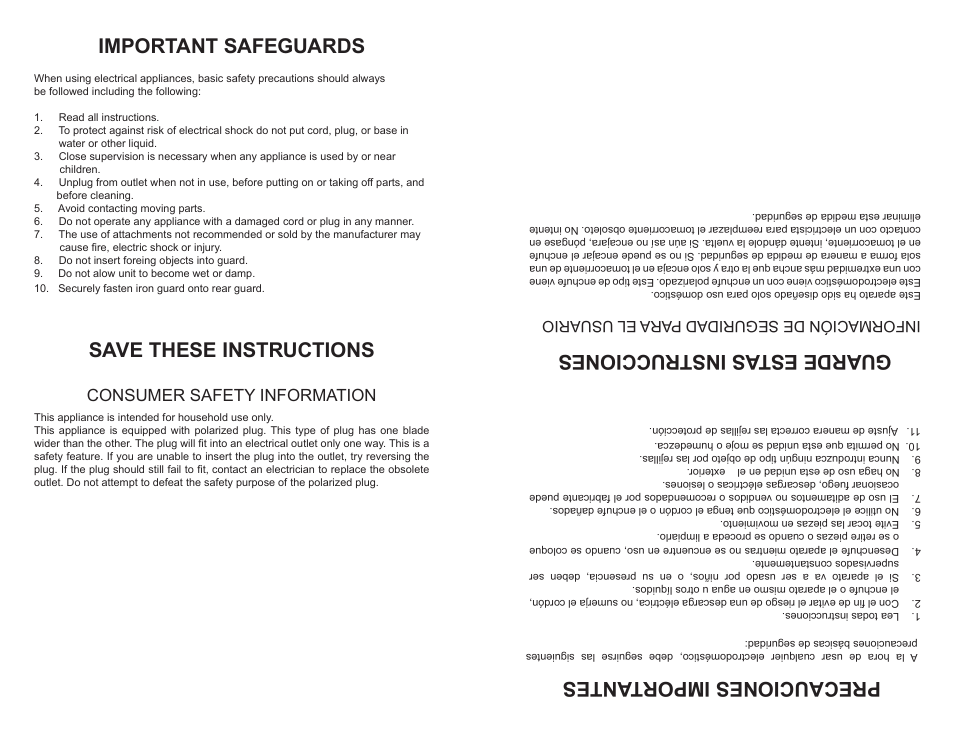 Precauciones importantes, Gu ar de e sta s in st ru cc io ne s, Important safeguards | Save these instructions, Consumer safety information, Información de seguridad para el usuario | Continental Electric CE27816 User Manual | Page 2 / 4