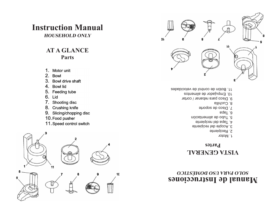 Instruction manual, Manual de instrucciones, At a glance | Vista general, Parts, Partes | Continental Electric CE22391 User Manual | Page 2 / 8