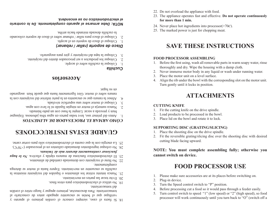 Save these instructions, Attachments, Food processor use | Guarde estas instrucciones, Accesorios | Continental Electric CE22391 User Manual | Page 5 / 8