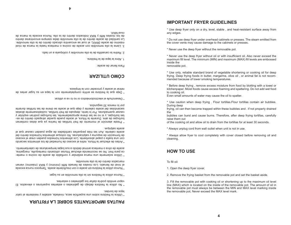 Important fryer guidelines, How to use, Paut as importantes sobre la fritura | Cómo utilizar | Continental Electric CP43269 User Manual | Page 5 / 8
