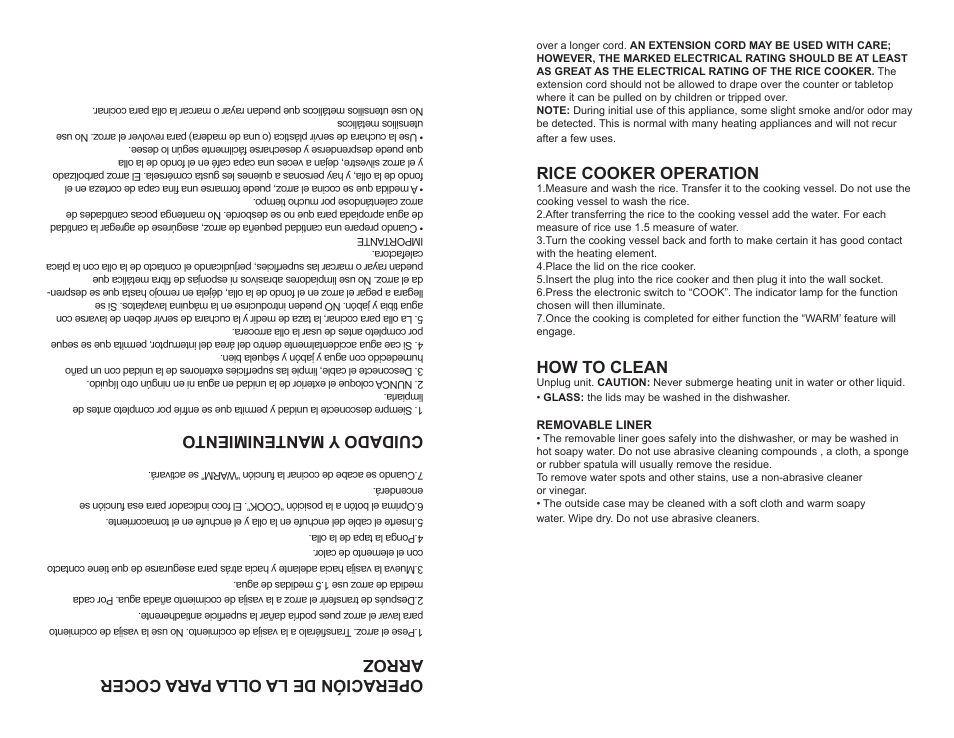 Operación de la olla para cocer arroz, Cuidado y mantenimiento, Rice cooker operation | How to clean | Continental Electric CE23662 User Manual | Page 3 / 8