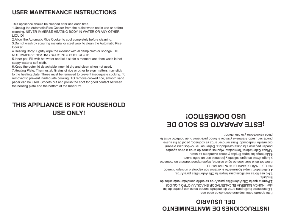 Este ap arato es solo de uso domestico, This appliance is for household use only, User maintenance instructions | Instrucciones de mantenimient o del u suario | Continental Electric CE23662 User Manual | Page 4 / 8