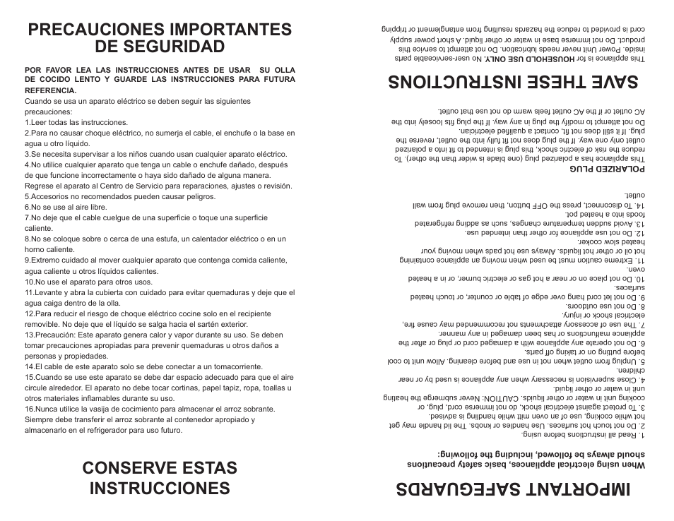 Important safeguards, Save these instructions, Precauciones importantes de seguridad | Conserve estas instrucciones | Continental Electric CE23662 User Manual | Page 6 / 8