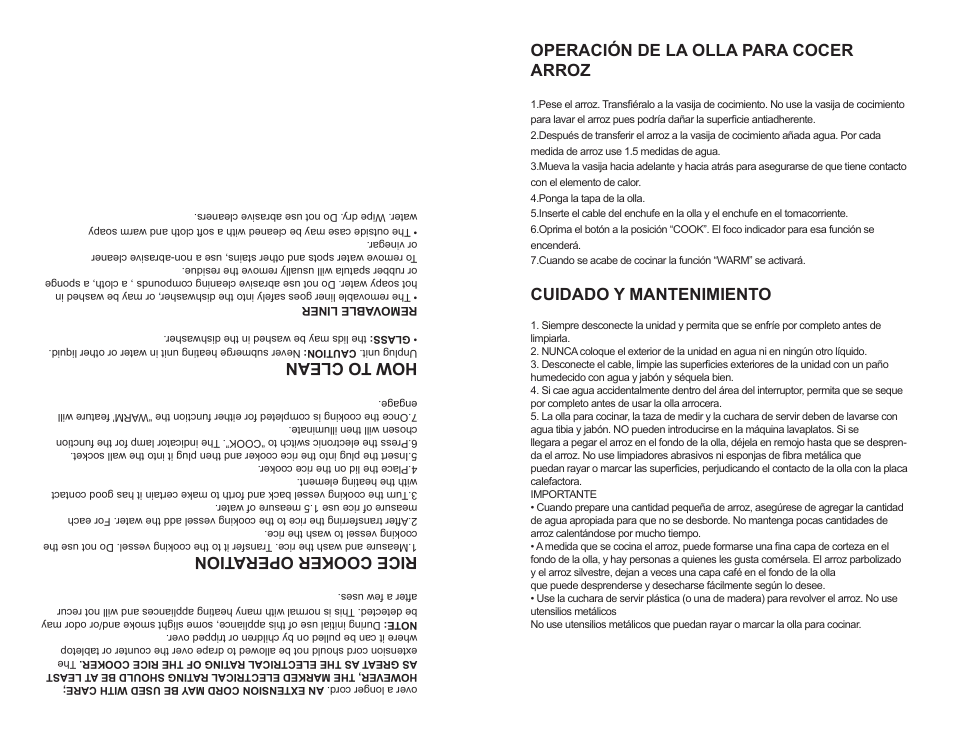 Operación de la olla para cocer arroz, Cuidado y mantenimiento, Rice cooker operation | How to clean | Continental Electric CE23662 User Manual | Page 7 / 8