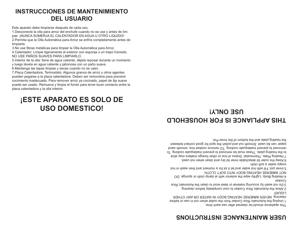 Este aparato es solo de uso domestico, This appliance is for household use only, User maintenance instructions | Instrucciones de mantenimiento del usuario | Continental Electric CE23662 User Manual | Page 8 / 8