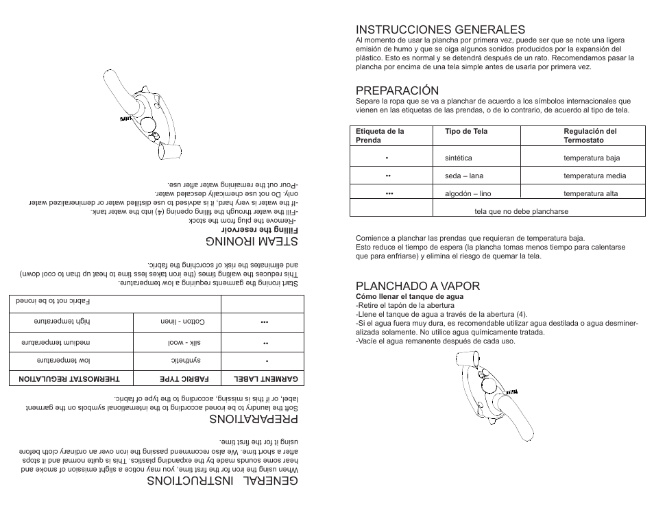 General instructions, Prepara tions, Steam ironing | Instrucciones generales, Preparación, Planchado a vapor | Continental Electric CE23151 User Manual | Page 11 / 14