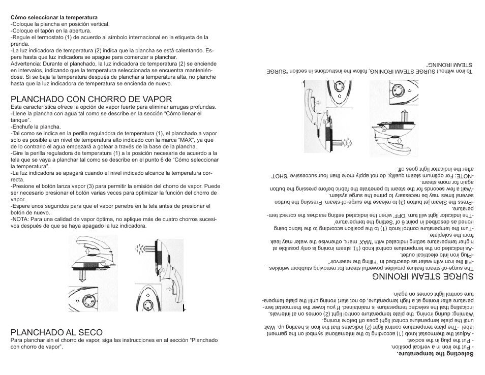 Surge steam ironing, Planchado con chorro de vapor, Planchado al seco | Continental Electric CE23151 User Manual | Page 12 / 14