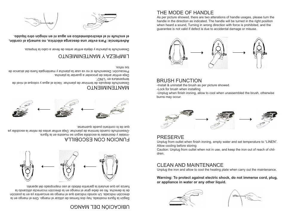 The mode of handle, Brush function, Preserve | Clean and maintenance, Ubicación del mango, Funcion con escobilla, Mantenimiento, Limpieza y mantenimiento | Continental Electric CE23151 User Manual | Page 6 / 14