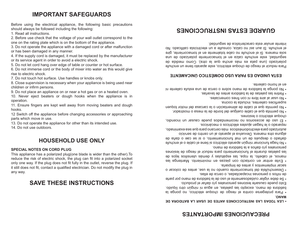 Important safeguards, Save these instructions, Guarde estas instrucciones | Household use only, Precauciones importantes | Continental Electric CP43139 User Manual | Page 2 / 8
