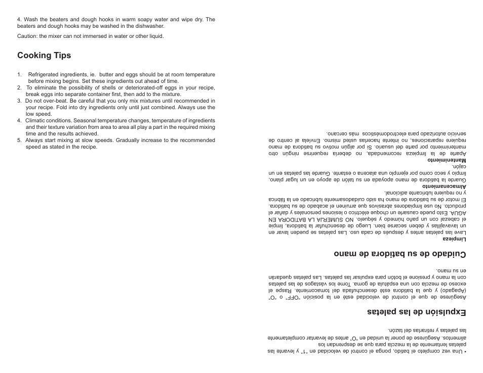 Cooking tips, Expulsión de las paletas, Cuidado de su batidora de mano | Continental Electric CP43139 User Manual | Page 4 / 8