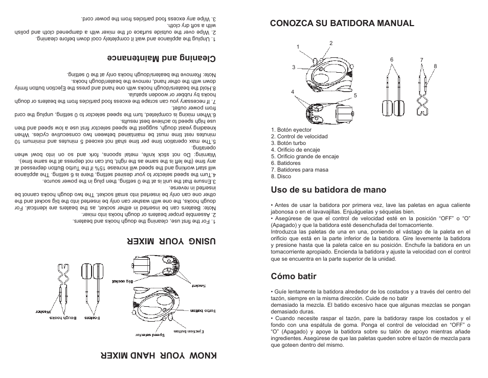 Know your hand mixer using your mixer, Cleaning and maintenance, Conozca su batidora manual | Uso de su batidora de mano, Cómo batir | Continental Electric CP43139 User Manual | Page 7 / 8