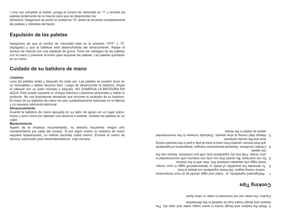 Cooking tips, Expulsión de las paletas, Cuidado de su batidora de mano | Continental Electric CP43139 User Manual | Page 8 / 8