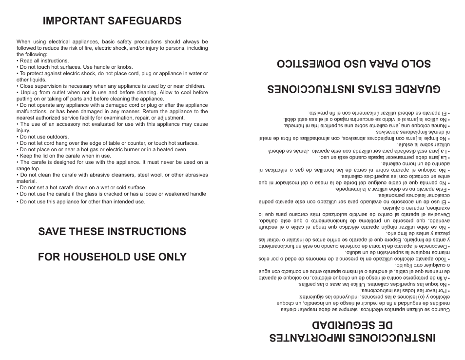 Important safeguards, Guarde estas instrucciones solo para uso domestico | Continental Electric CM43655 User Manual | Page 2 / 4