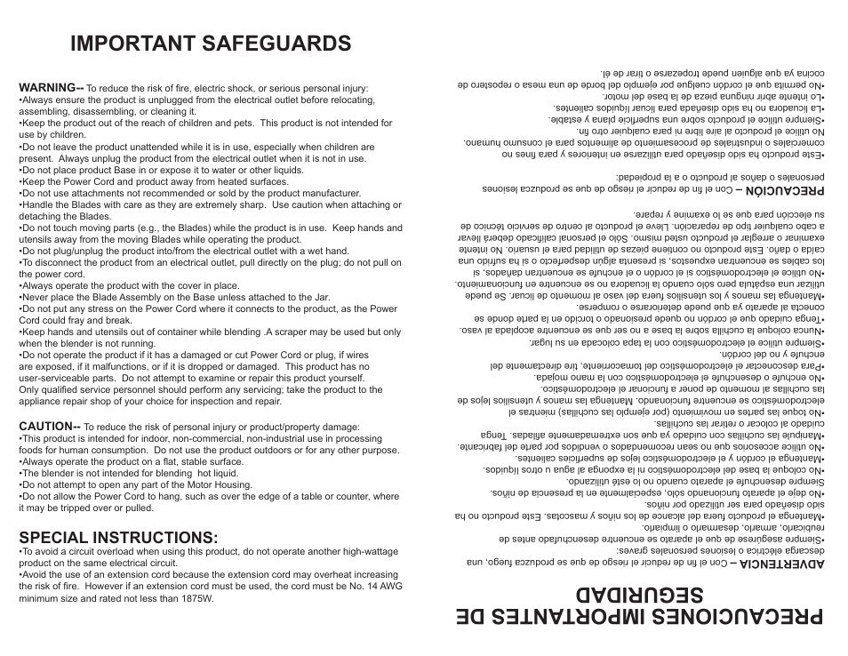 Important safeguards, Precauciones importantes de seguridad, Special instructions | Continental Electric PLATINUM SERIES CP42148 User Manual | Page 2 / 4