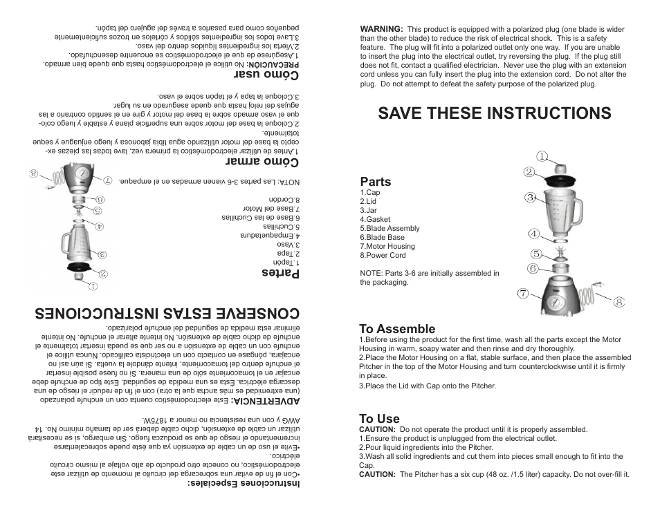 Save these instructions, Conserve est as instrucciones, Parts | Partes, Cómo armar, Cómo usar | Continental Electric PLATINUM SERIES CP42148 User Manual | Page 3 / 4