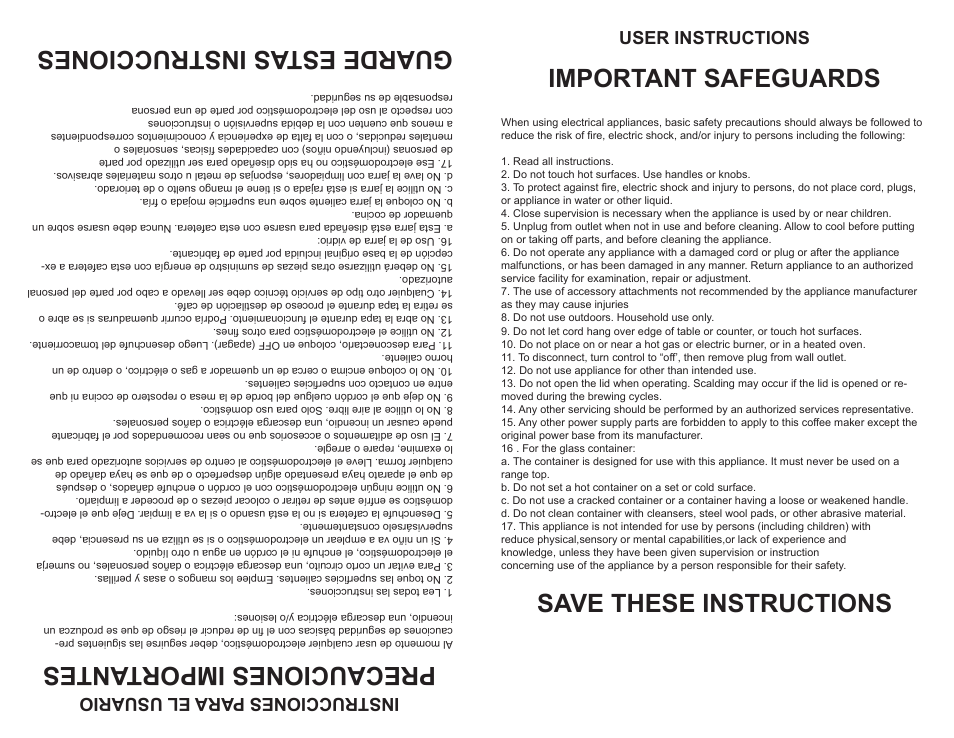 Precauciones importantes, Guarde estas instrucciones, Important safeguards | Save these instructions, Instrucciones para el usuario, User instructions | Continental Electric CE23679 User Manual | Page 3 / 6