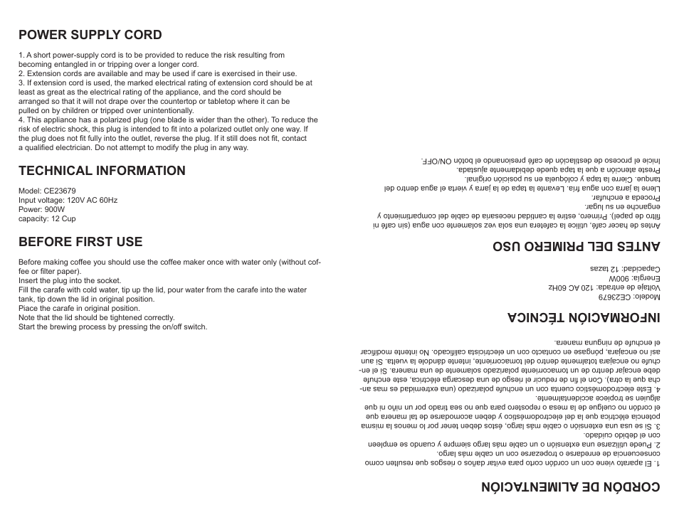 Cordón de aliment ación, Información técnica, Antes del primero uso | Power supply cord, Technical information, Before first use | Continental Electric CE23679 User Manual | Page 4 / 6