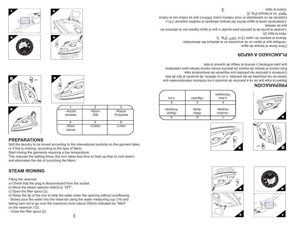 Preparations, Steam ironing, Preparación | Planchado a v apor | Continental Electric CE23111 User Manual | Page 4 / 12