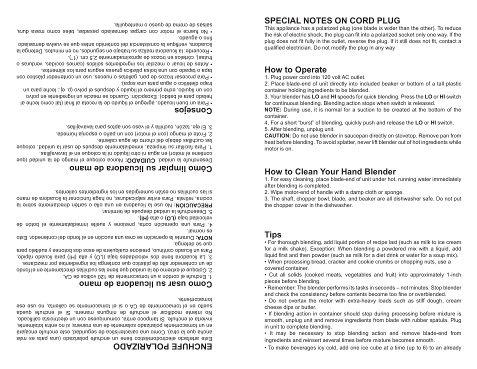 How to operate, How to clean your hand blender, Tips | Enchufe polarizado, Como usar su licuadora de mano, Cómo limpiar su licuadora de mano, Consejos | Continental Electric CE22841 User Manual | Page 3 / 8