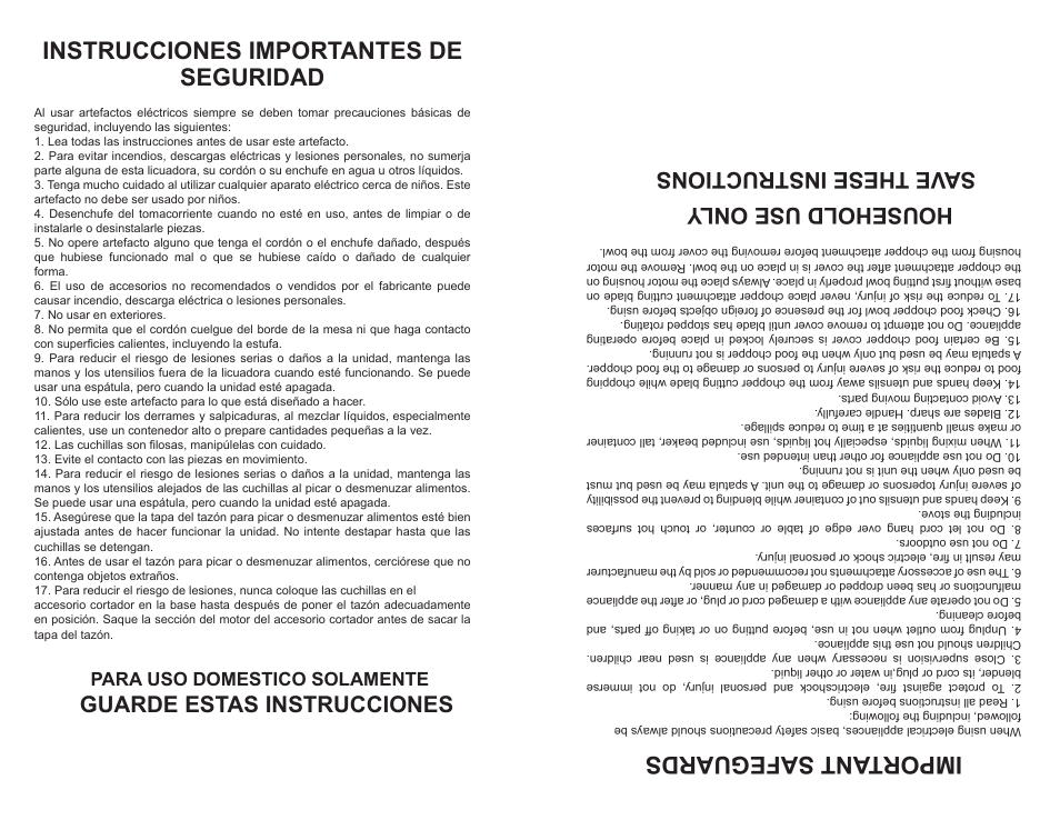 Important safeguards, Instrucciones importantes de seguridad, Household use only save these instructions | Guarde estas instrucciones, Para uso domestico solamente | Continental Electric CE22841 User Manual | Page 6 / 8