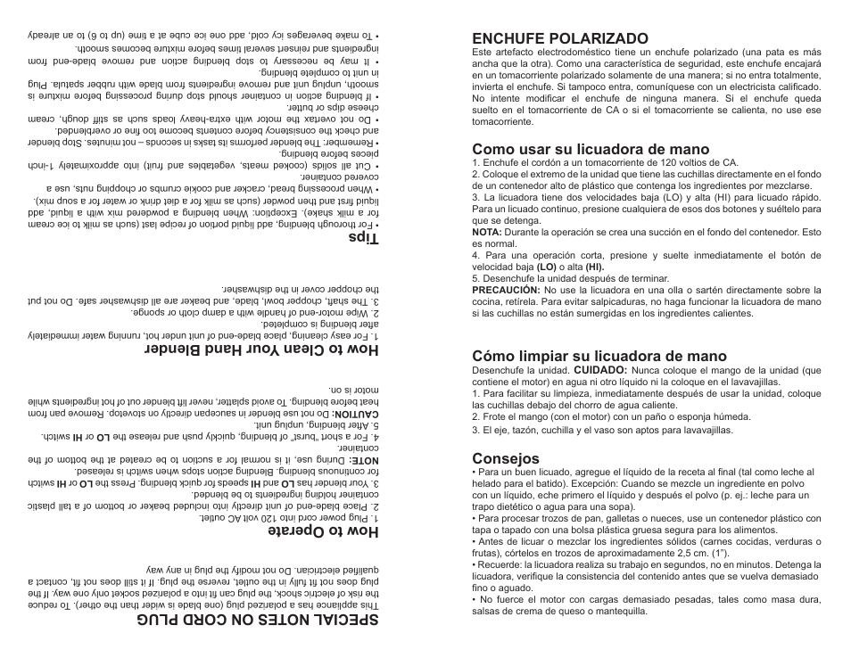 How to operate, How to clean y our hand blender, Tips | Enchufe polarizado, Como usar su licuadora de mano, Cómo limpiar su licuadora de mano, Consejos | Continental Electric CE22841 User Manual | Page 7 / 8