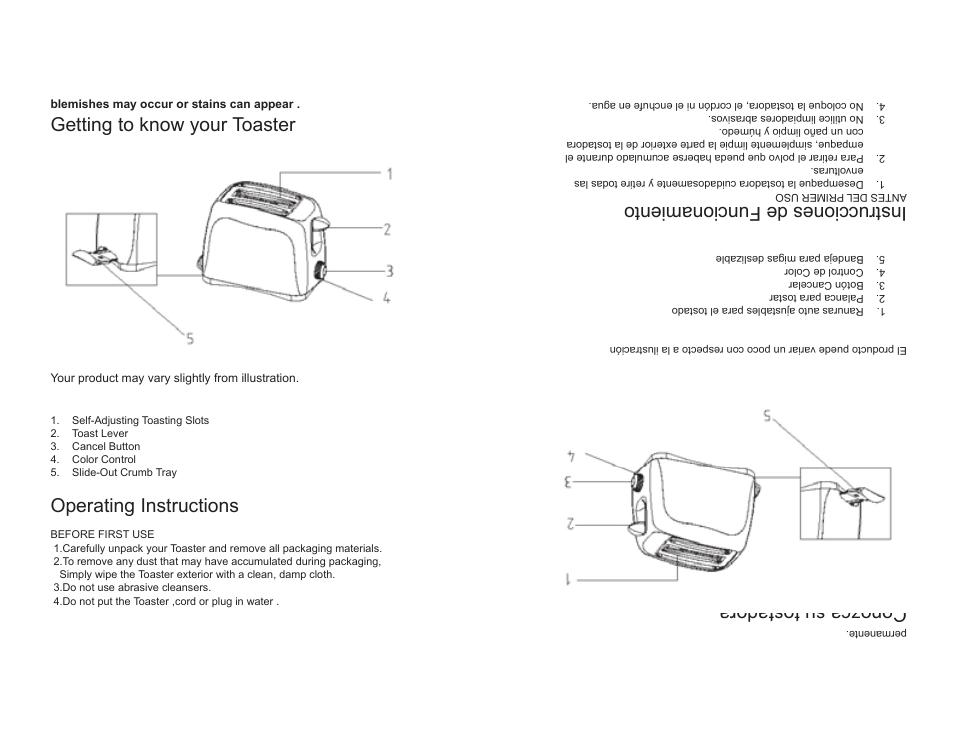 Getting to know your toaster, Operating instructions, Conozca su tostadora | Instrucciones de funcionamiento | Continental Electric CE23432 User Manual | Page 6 / 8