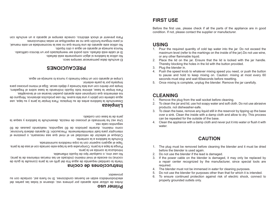 First use, Using, Cleaning | Caution, Primer uso, Instrucciones de cocina, Limpieza, Precauciones | Continental CE22151 User Manual | Page 3 / 8