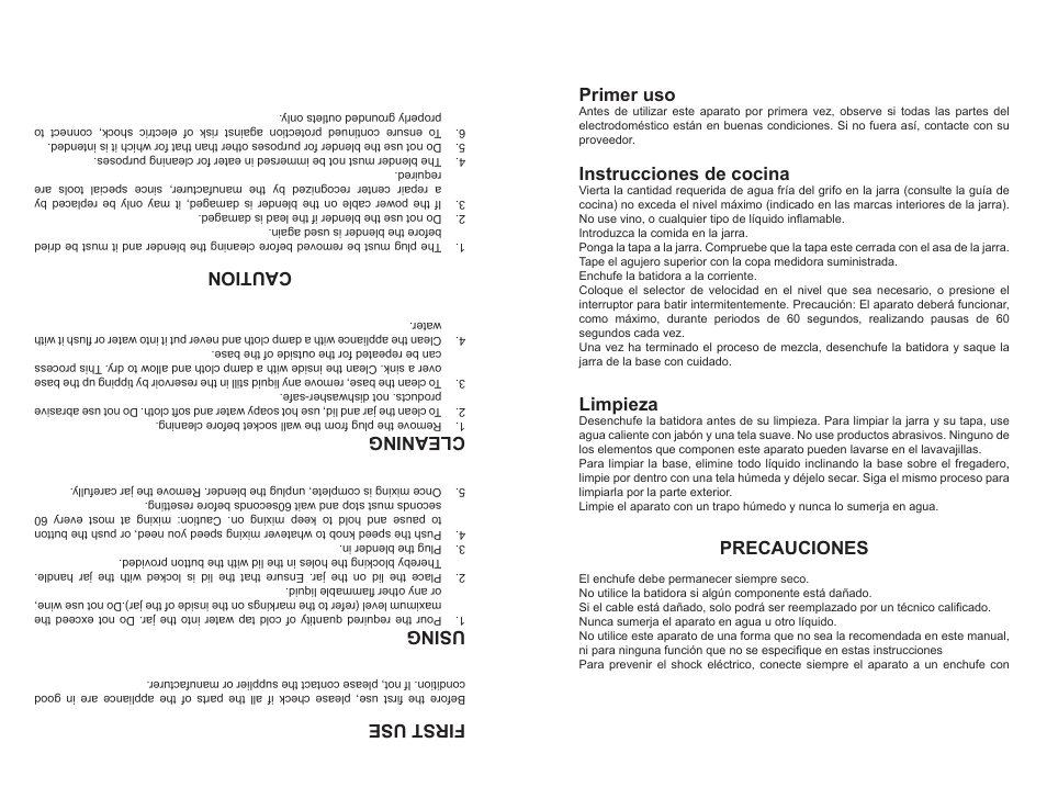 First use, Using, Cleaning | Caution, Primer uso, Instrucciones de cocina, Limpieza, Precauciones | Continental CE22151 User Manual | Page 7 / 8