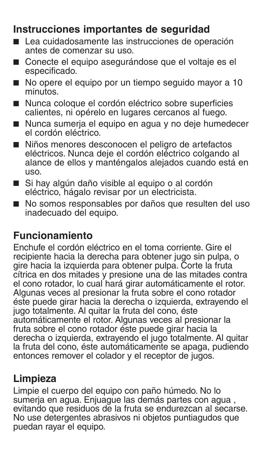 Instrucciones importantes de seguridad, Funcionamiento, Limpieza | Continental Electric CE22671 User Manual | Page 4 / 4