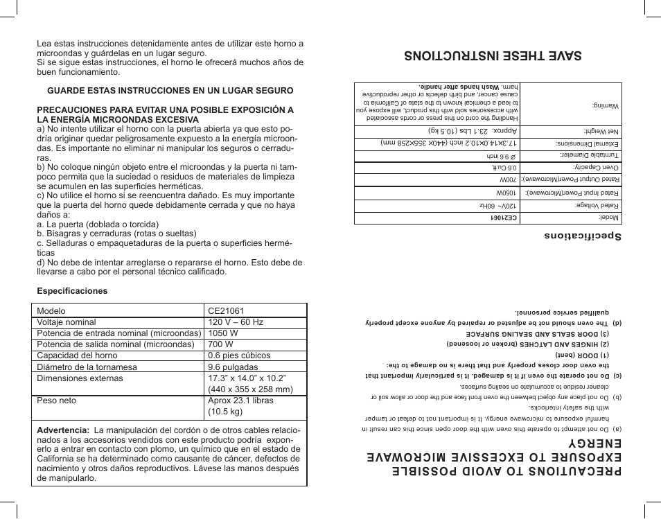 Save these instructions | Continental Electric CE21061 User Manual | Page 12 / 20