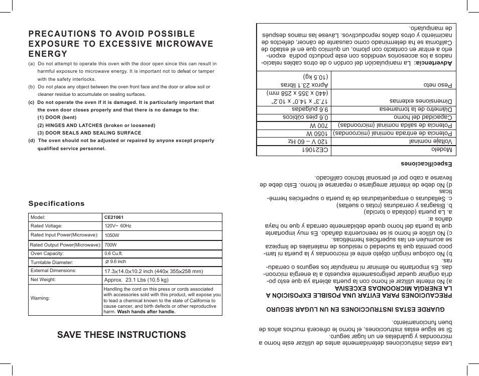 Save these instructions | Continental Electric CE21061 User Manual | Page 2 / 20