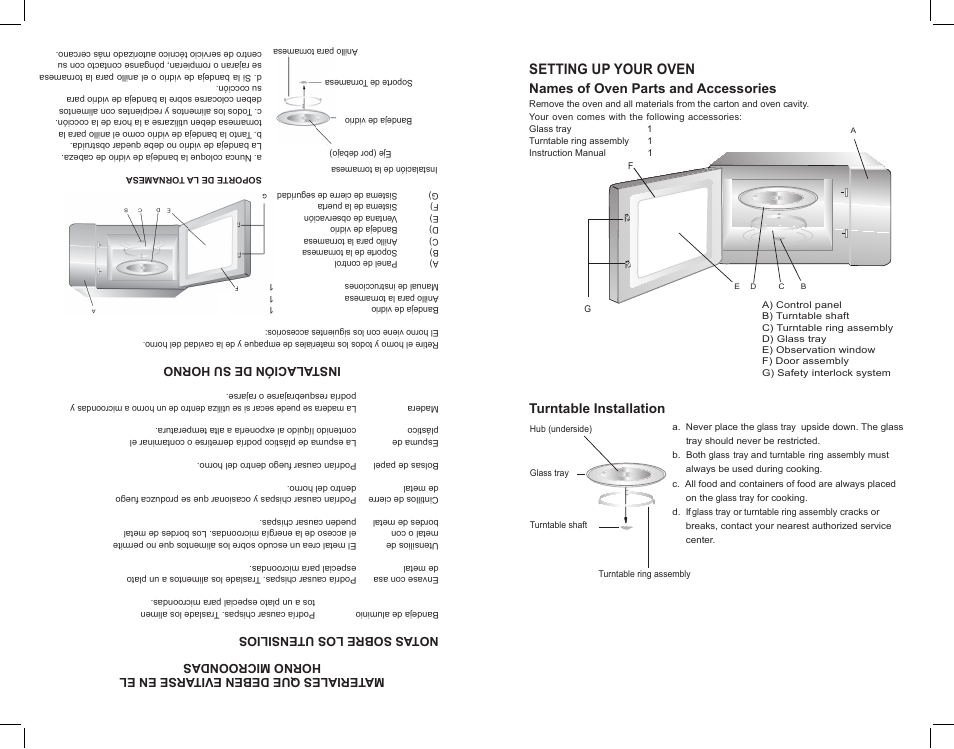 Setting up your oven, Names of oven parts and accessories, Turntable installation | Continental Electric CE21061 User Manual | Page 7 / 20