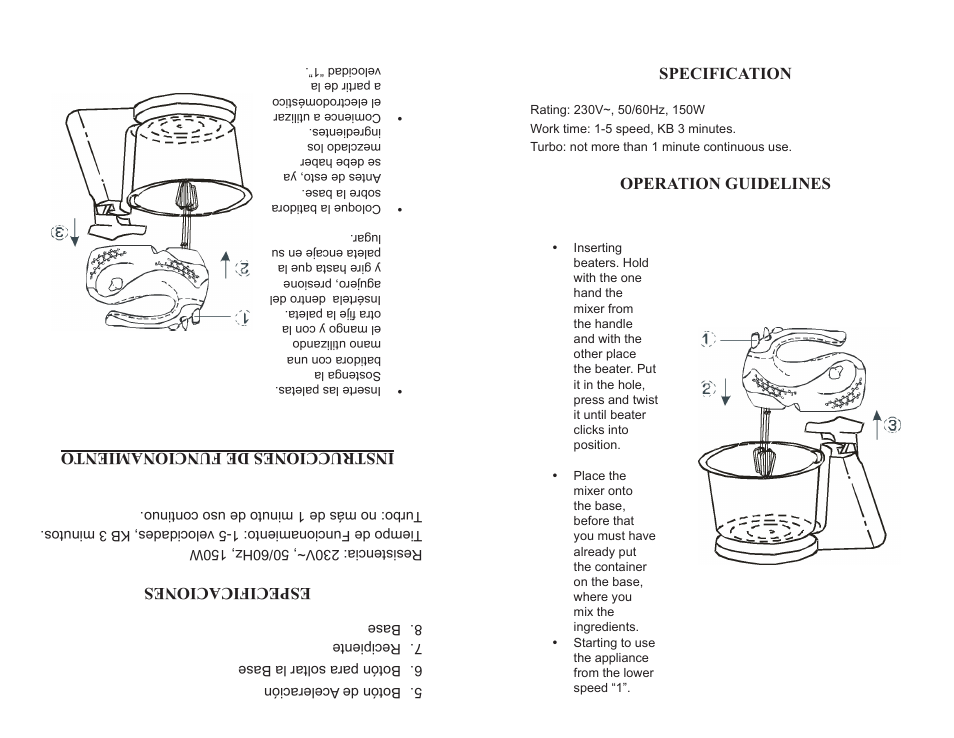 Specification, Operation guidelines, Especificaciones | Instrucciones de funcionamiento | Continental Electric CP43179 User Manual | Page 5 / 12