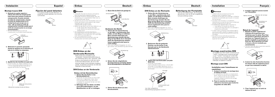 Fijación del panel delantero, Din einbau an der vorderseite/rückseite, Befestigung der frontplatte | Montage avant/arrière din, Montaje trasero din, Din einbau an der vorderseite, Din einbau an der rückseite, Montage avant din, Einbau mit der gummibuchse, Ausbauen des geräts | Pioneer DEH-50UB IT ES User Manual | Page 2 / 8