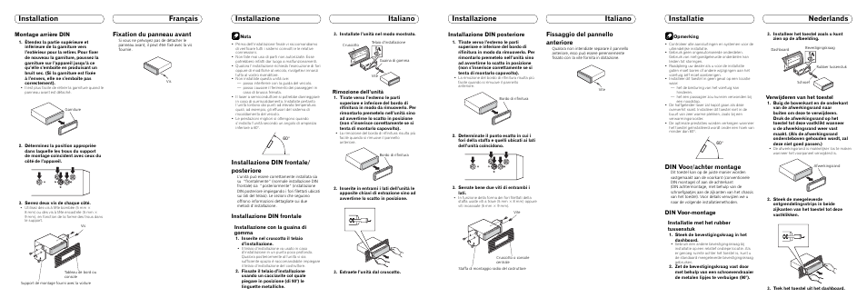 Fixation du panneau avant, Installazione din frontale/ posteriore, Fissaggio del pannello anteriore | Din voor/achter montage, Montage arrière din, Installazione din frontale, Installazione din posteriore, Din voor-montage, Installazione con la guaina di gomma, Rimozione dell’unità | Pioneer DEH-50UB IT ES User Manual | Page 3 / 8