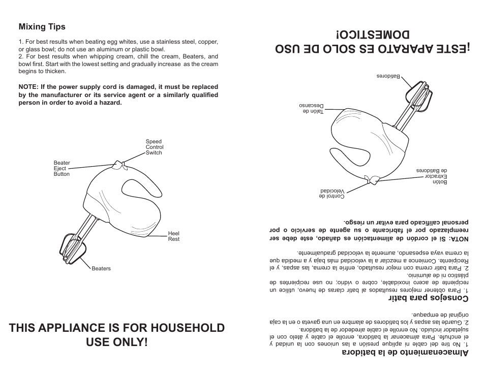 Almacenamiento de la batidora, Consejos para batir, Mixing tips | Continental Electric CE22811 User Manual | Page 4 / 4