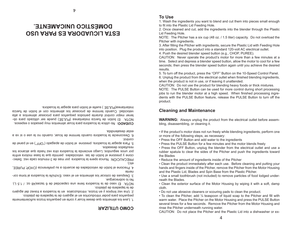 Esta licuadora es para uso doméstico unicamente, Cleaning and maintenance, Como utilizar | Continental Electric CE22139 User Manual | Page 5 / 6