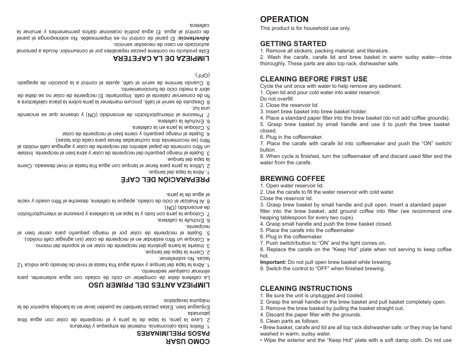 Operation, Getting started, Cleaning before first use | Brewing coffee, Cleaning instructions, Como usar, Limp ie za antesde l pr imer uso, Prep aració nde l caf é, Limp ie za de l acafetera | Continental Electric CE23611 User Manual | Page 3 / 8