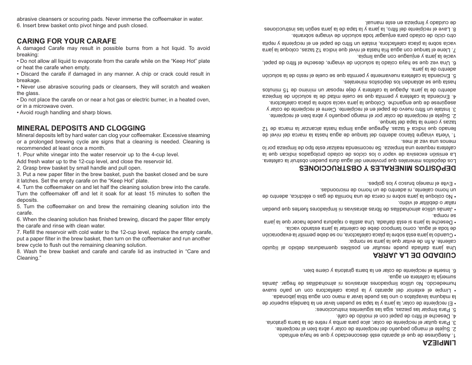 Caring for your carafe, Mineral deposits and clogging, Limp ie za | Depó sit osm inera les y o bstrucc iones | Continental Electric CE23611 User Manual | Page 4 / 8