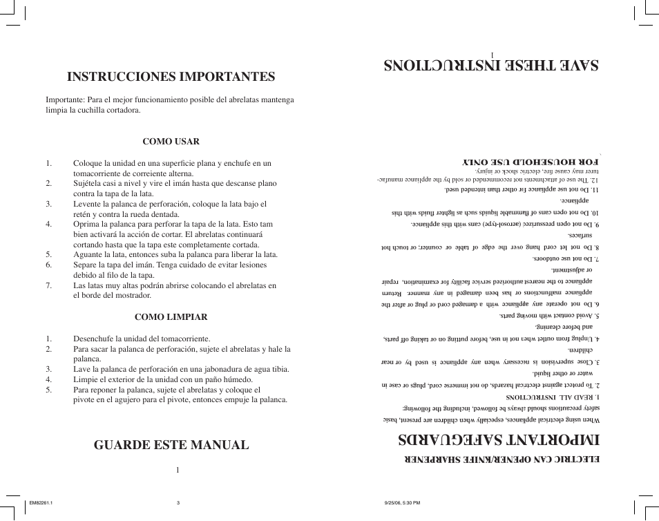 Important safeguards save these instructions, Instrucciones importantes, Guarde este manual | Continental Electric CE22261 User Manual | Page 8 / 10