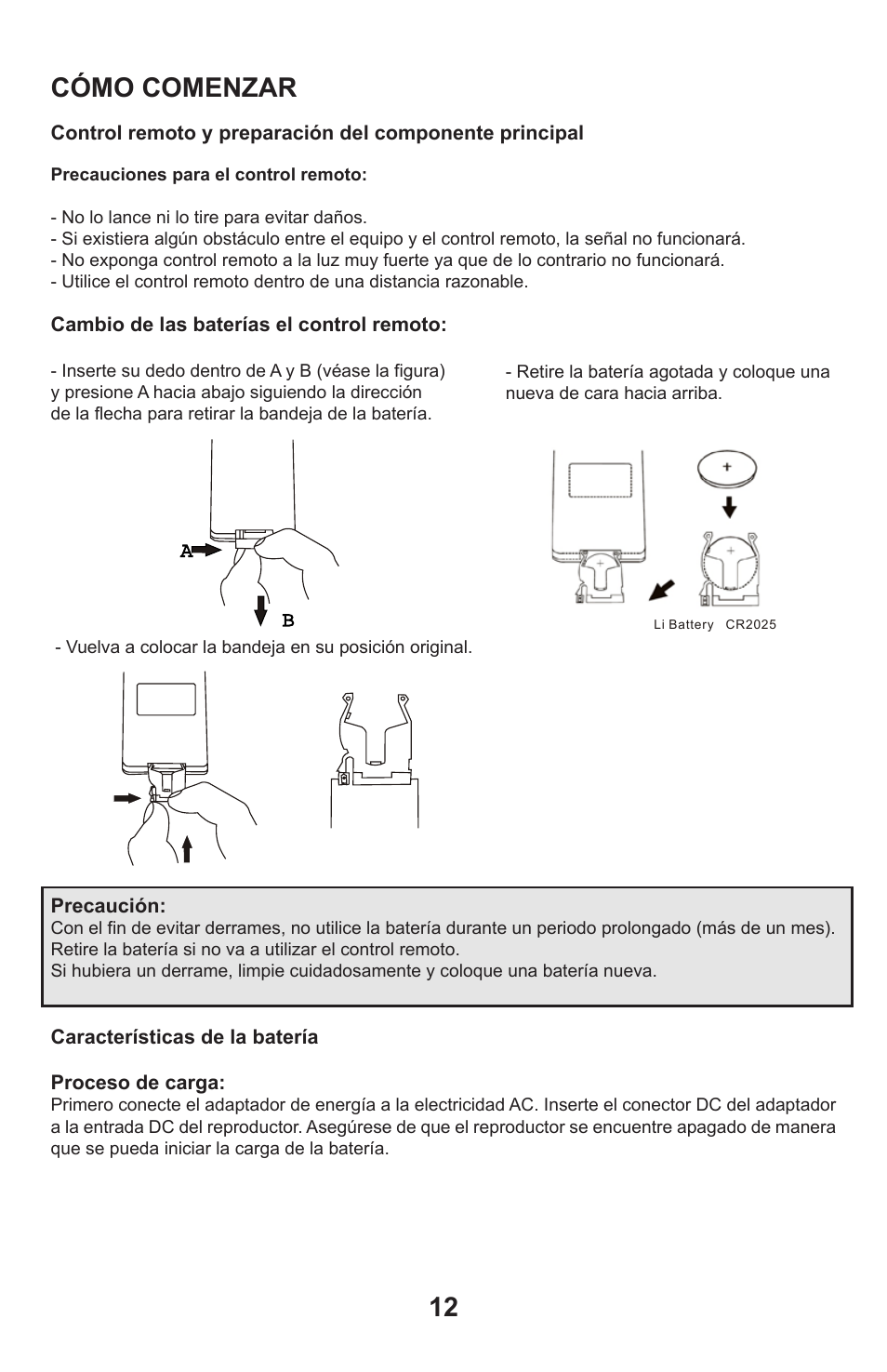Getting started, Cómo comenzar, Remote control and prepare for main component | Battery features | Continental Electric CEPDV97785 User Manual | Page 13 / 22